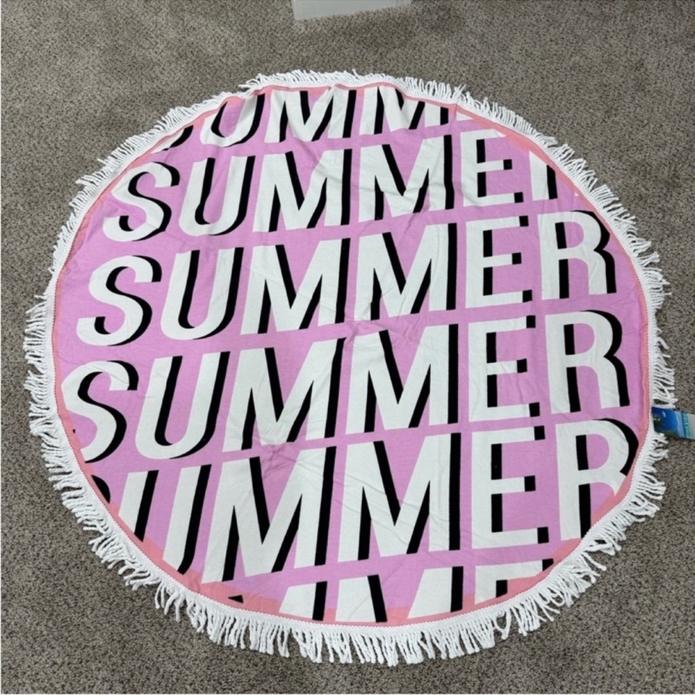 Round 'SUMMER' Beach Towel - Pink & White Fringe